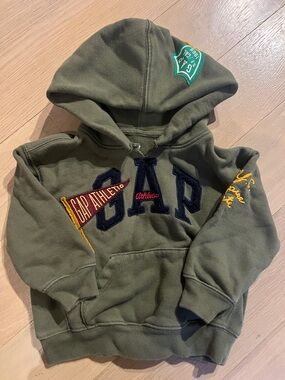 GAP Olive Green Hooded Sweatshirt with Navy Applique and Yellow Accents
